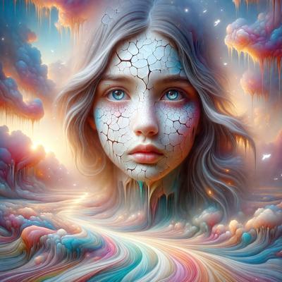 The primary subject of the image is a young girl with a cracked face, appearing as if she is melting. She is surrounded by a vibrant and colorful environment, which includes a rainbow and a cloudy sky. The visual style of the image is digital art, as it is a detailed and intricate illustration. The colors and mood of the image are lively and whimsical, with the girl's face and the surrounding environment being predominantly colored in shades of pink, blue, and